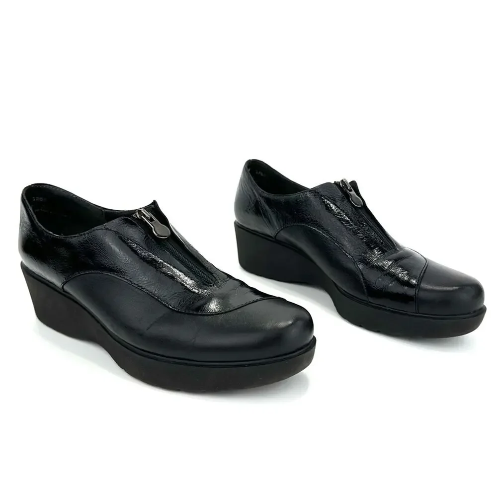 Munro Black Leather Platform Wedges Size 9.5 Zipper Closure Low Top Lightweight